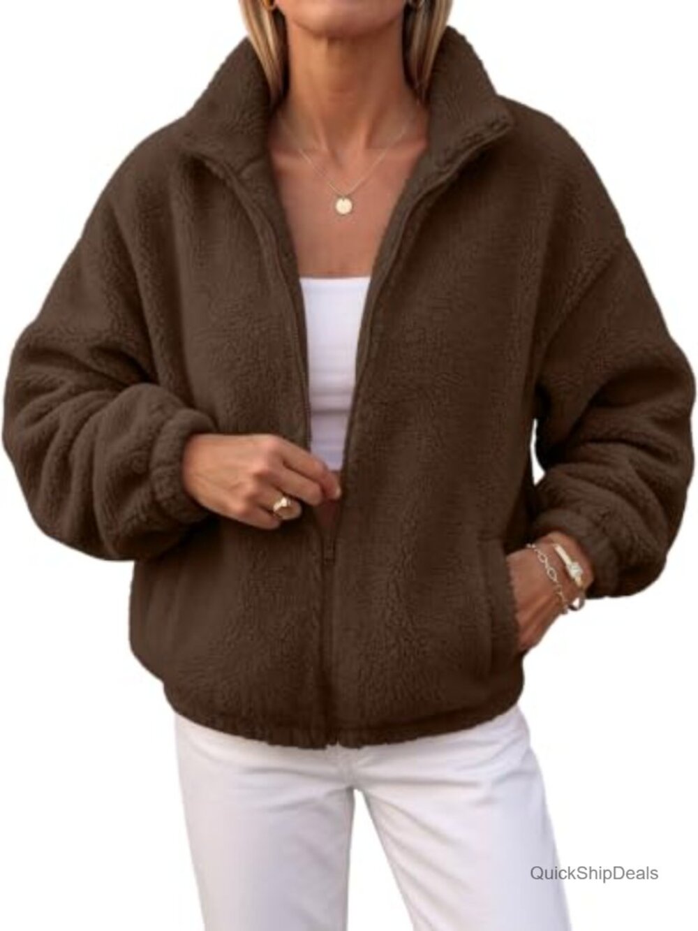 Full Zip Sherpa Fleece Jacket Stand Collar Cozy Coat